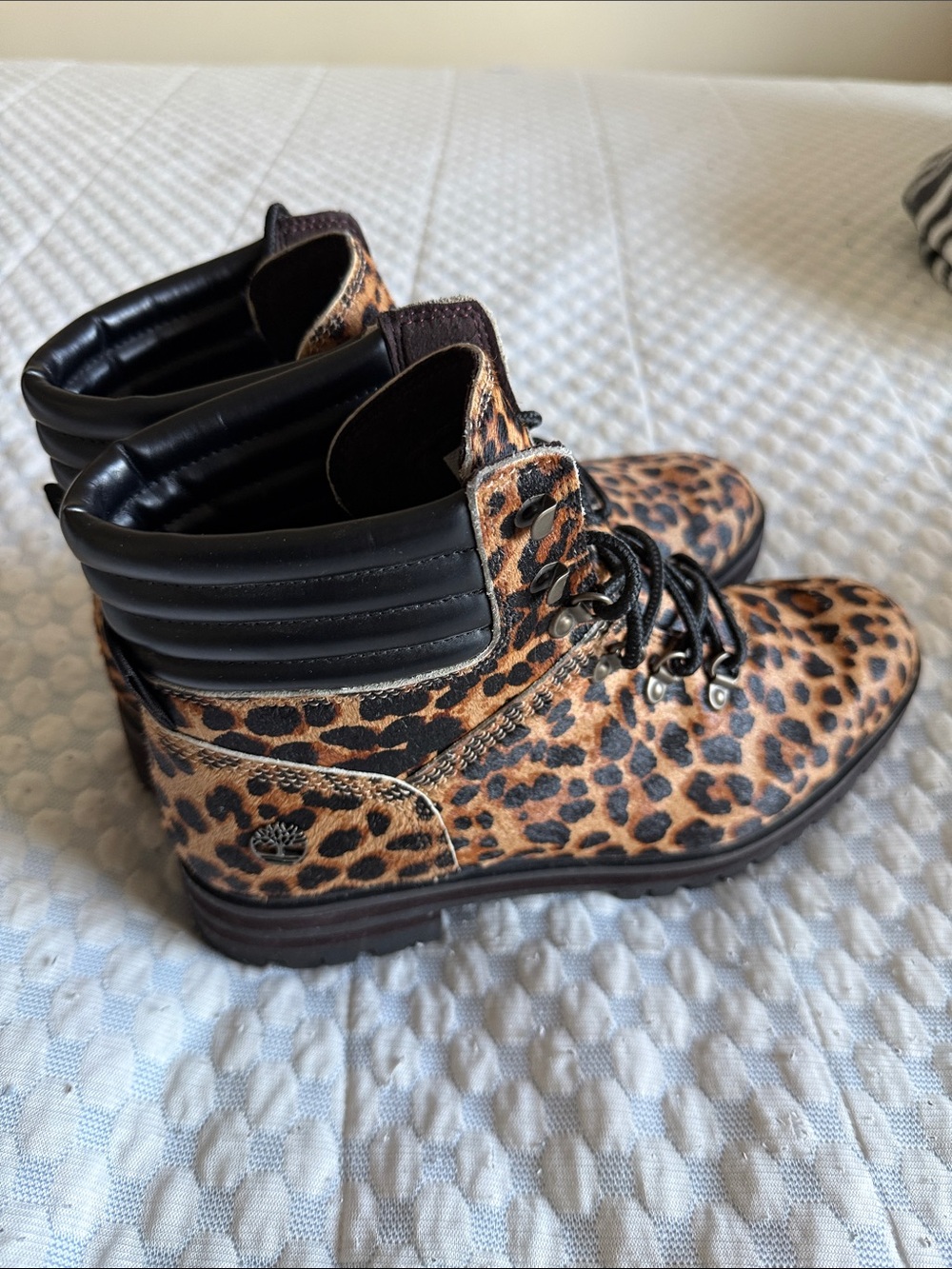 Timberland Leopard Print Combat Boots with Black Collar